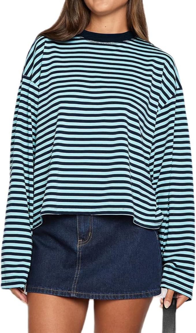 Y2k Womens Striped Cropped Shirt Drop Shoulder Long Sleeve Crewneck Sweatshirt Fairy Grunge Sweat... | Amazon (US)