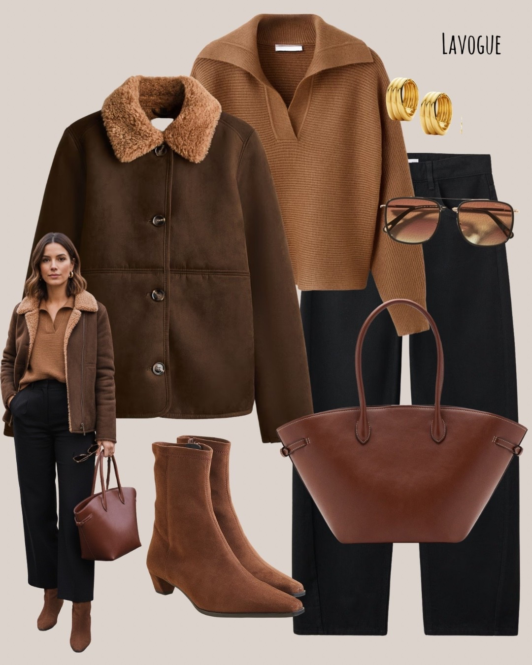 🤎 A brown jacket with a cozy fleece collar over a tobacco V-neck knit and black jeans creates a warm, effortless look. Finished with tan bag and booties for a perfectly balanced neutral moment. ✨

Shop Below 👇🏼 

#LTKootd #LTKSeasonal #LTKWorkwear