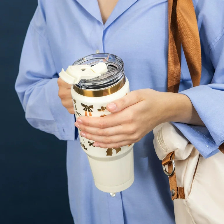 Thyme & Table 32oz Tumbler with Handle, Dual Straw Lid, Stainless Steel Double Wall Insulated, Cr... | Walmart (US)