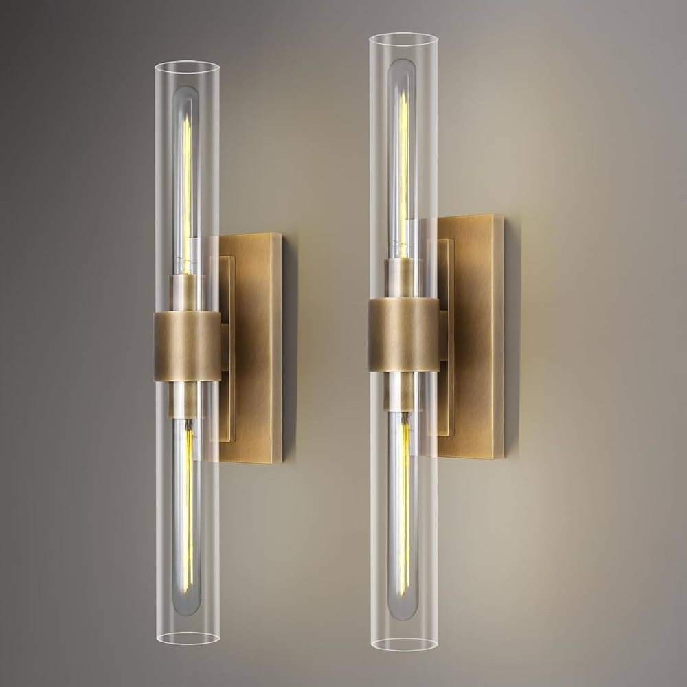 Brass Wall Sconces, 22.8" Bathroom Wall Sconce, Antique Brass Wall Sconces Set of 2, 2-Light Dimm... | Amazon (US)