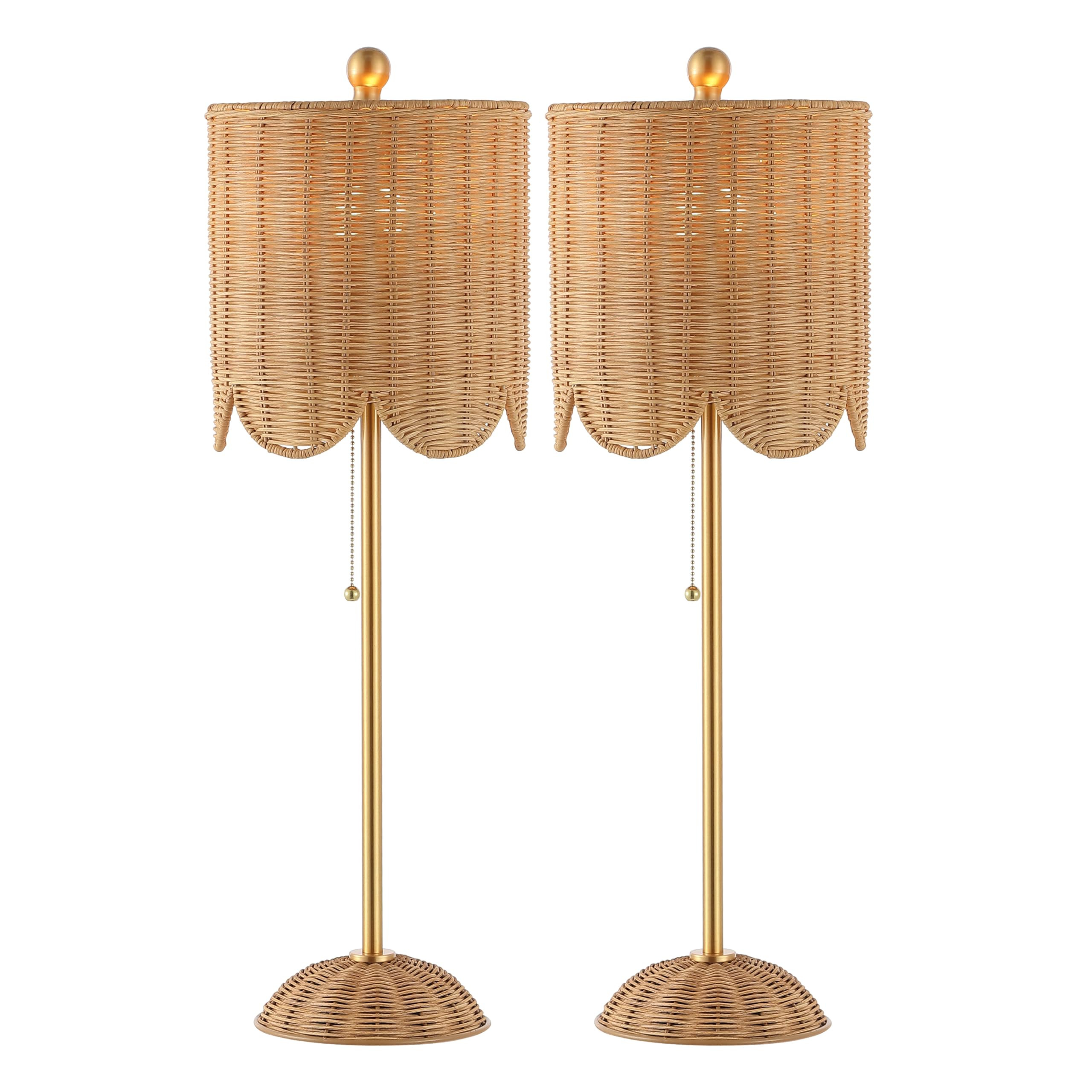 JONATHAN Y JYL1138A-SET2 Celerie 27.5" Coastal Bohemian Rattan/Iron Scalloped Buffet LED Table Lamp with Pull Chain, for Entry Console, Bedroom, Dining Room, Natural/Brass Gold (Set of 2) | Amazon (US)