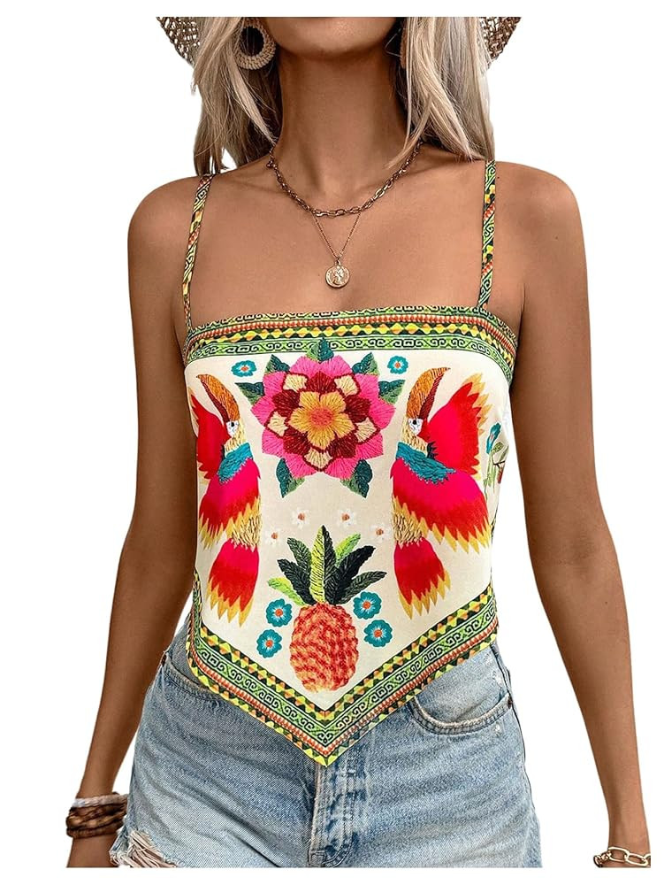 SweatyRocks Women's Tribal Floral Print Backless Camisole Tie Knot Sleeveless Vacation Boho Tops | Amazon (US)
