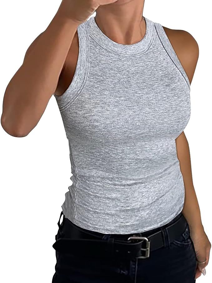 GEMBERA Womens Sleeveless Racerback High Neck Casual Basic Cotton Ribbed Fitted Tank Top | Amazon (US)