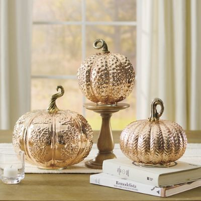 Rose Gold Glass Pumpkins, Set of Three | Grandin Road | Grandin Road