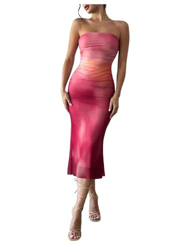 GORGLITTER Women's Mesh Strapless Ruched Bodycon Maxi Dress Wedding Guest Prom Cocktail Summer Y2k Long Tube Dresses Hot Pink Medium | Amazon (US)