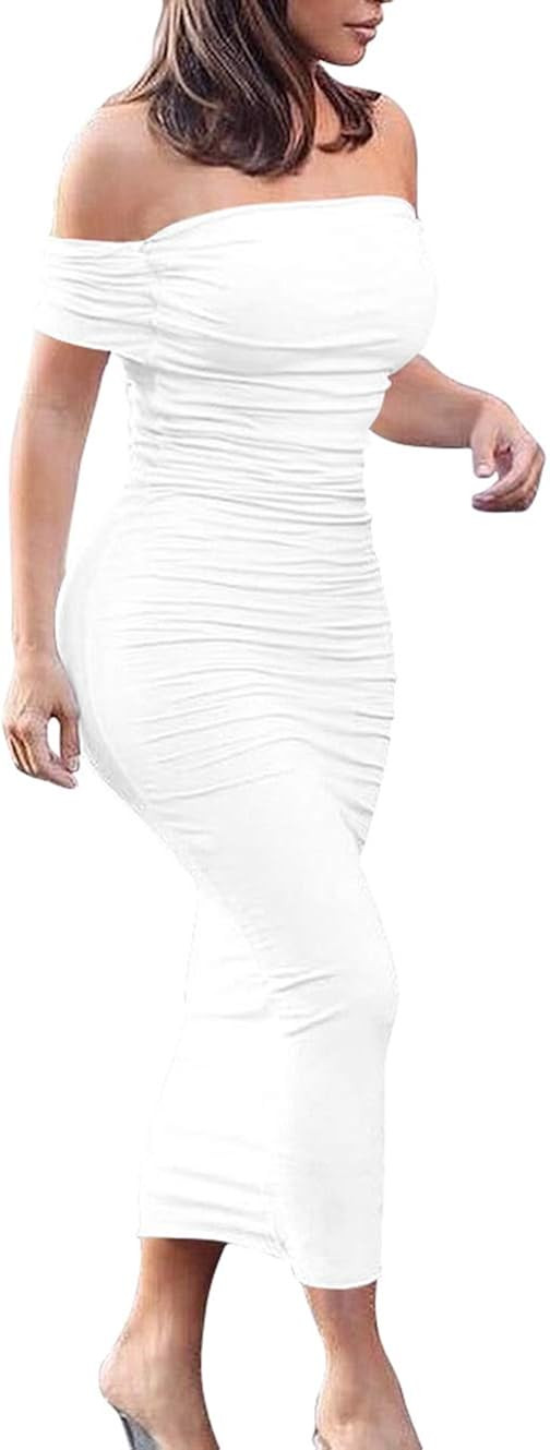 GOBLES Women's Ruched Off Shoulder Short Sleeve Bodycon Midi Elegant Cocktail Party Dress | Amazon (US)