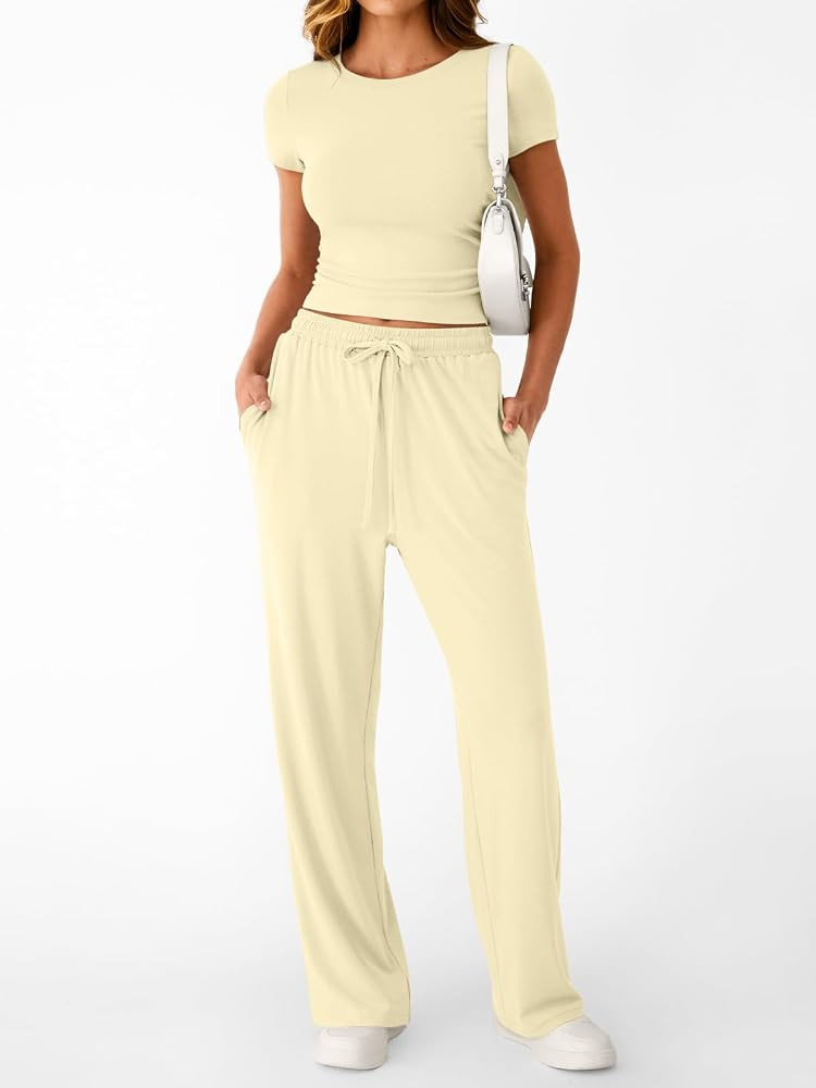 Trendy Queen 2 Piece Matching Summer Sweatsuit Lounge Set Womens Wide Leg Pants Side Ruching Crop... | Amazon (US)