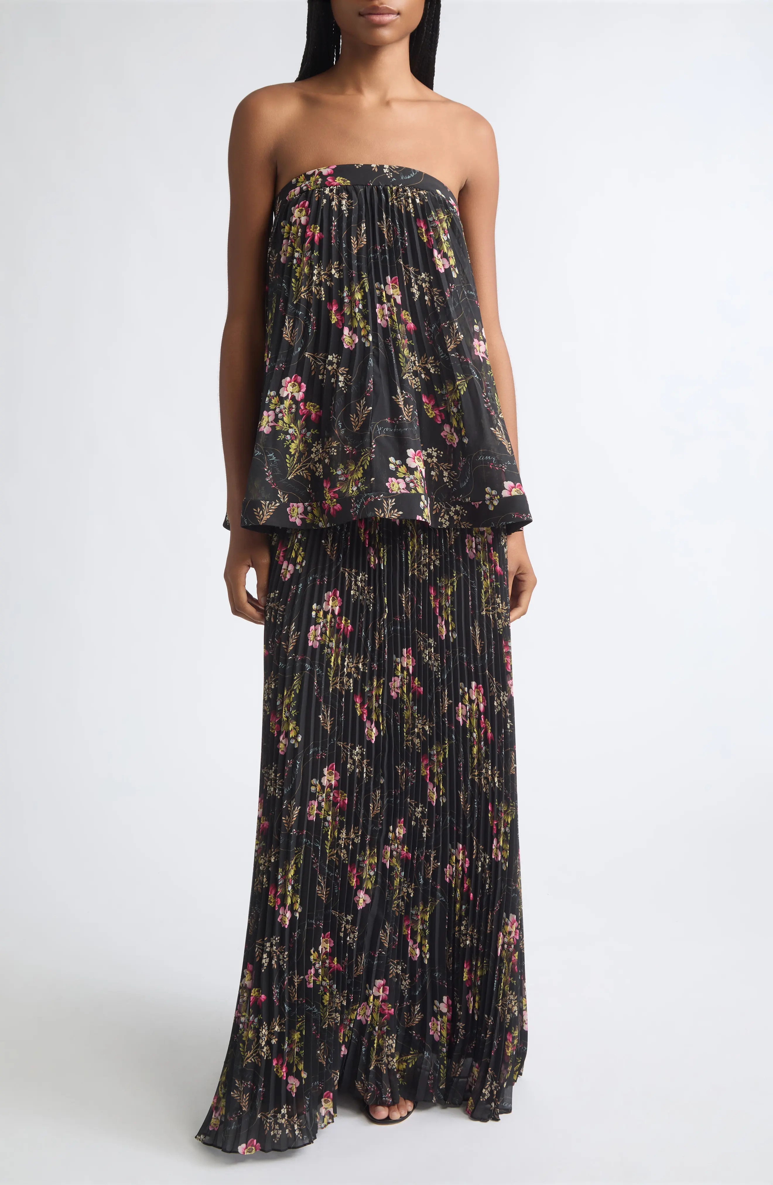 Cinq à Sept Ros Strapless Pleated Maxi Gown in Black Multi at Nordstrom, Size 12 | Nordstrom