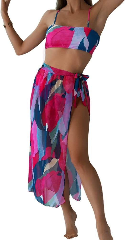 SheIn Women's 3 Pieces Graphic Bikini Swimsuit and Swimwear Cover Up Beach Skirt | Amazon (US)
