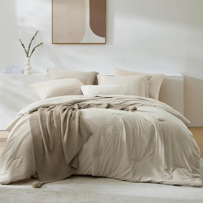 WRENSONGE Light Oatmeal Queen Comforter Set, 7 Pieces Soft Microfiber Comforters Queen Size with ... | Amazon (US)