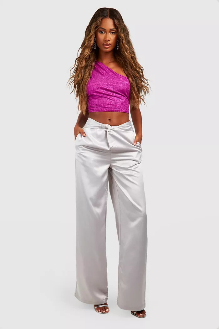 Heavy Satin Twist Front Wide Leg Trousers | Boohoo.com (UK & IE)