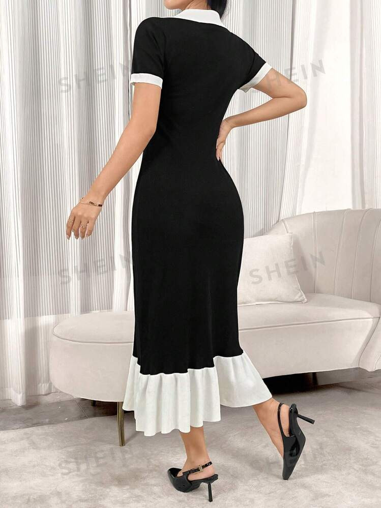 SHEIN Modely Women's Summer Color Blocking Collar Mermaid Hem Elegant Knit Dress | SHEIN