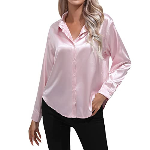 Button Down Shirts Womens Satin Silk Lapel Dress Blouse Long Sleeve Solid Casual Work Office Fashion Tops Shirt | Amazon (US)