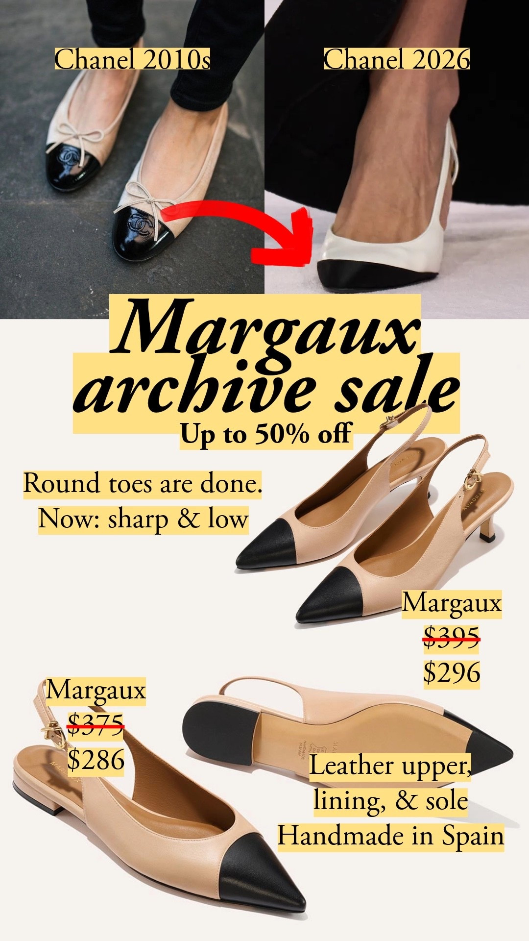 The classic French shoe evolved from round to sharp. Chanel is just getting started with this new look, so we'll be seeing more and more of these shapes. Margaux's shoes are leather outside, lining, and sole, handmade in Spain, on archive sale. The pointed flat and kitten heel are both roughly 25% off. Margaux slingbacks, cap toe slingback, pointed slingback flats, kitten heel slingbacks, two tone slingbacks, Chanel slingback look for less, leather slingbacks, handmade in Spain shoes, neutral slingbacks, quiet luxury shoes, archive sale shoes

#LTKootd