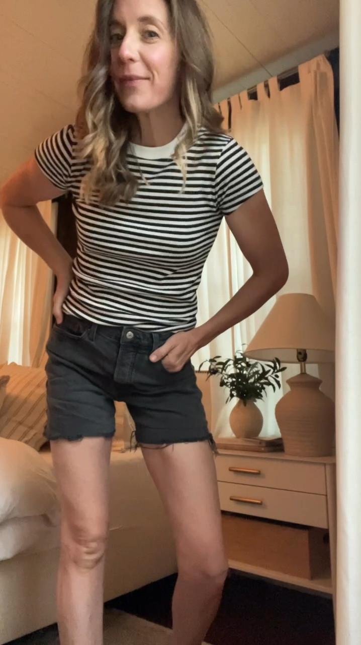 The cutest top for a casual day! These are my same favorite denim shorts, just in a black wash. This top is so flattering and will go with so many things. I’m wearing XS I. The top and sized up in the shorts  

#LTKStyleTip #LTKOver40 #LTKFindsUnder100