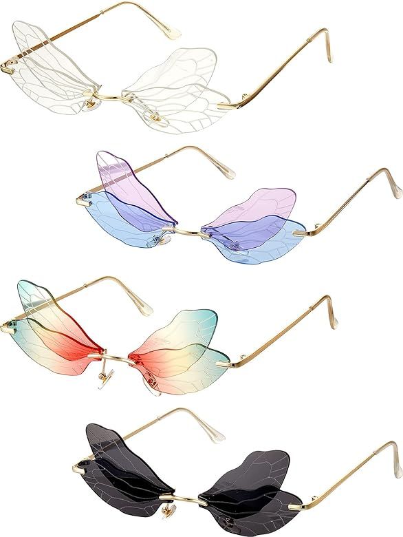4 Pairs Dragonfly Rimless Sunglasses Dragonfly Fairy Wing Shape Frameless Sunglasses Irregular Vi... | Amazon (US)