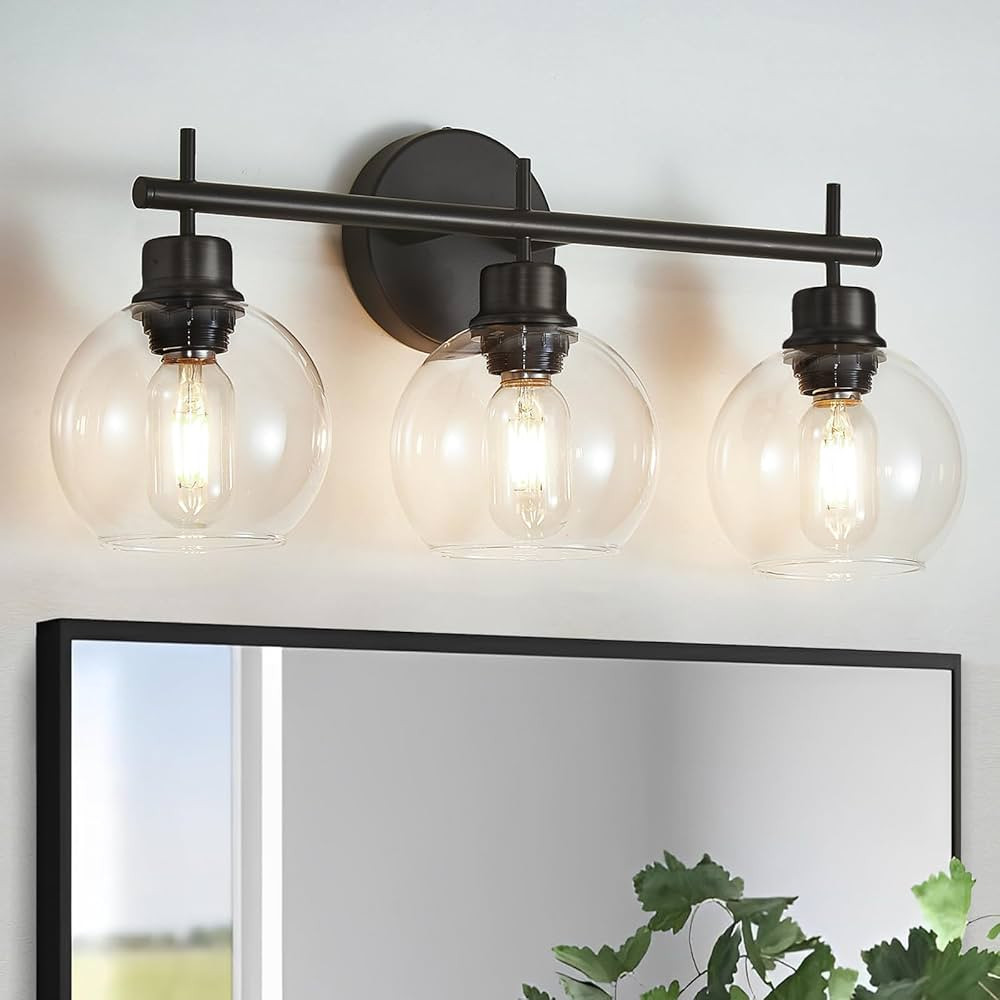 Bathroom Light Fixtures, 3 Light Globe Black Bathroom Vanity Light, Vanity Lights with Metal Base... | Amazon (US)