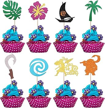 24 Pack Moana Cupcake Toppers Glitter Palm Leaf Flower Moana Cupcake Picks The Sea is Calling Haw... | Amazon (US)
