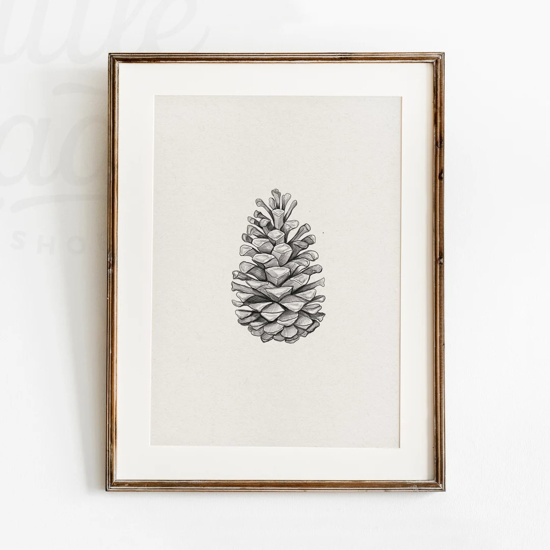 Neutral Pinecone Sketch Christmas Print, Rustic Christmas Decor, Winter Printable Wall Art, Vinta... | Etsy (US)