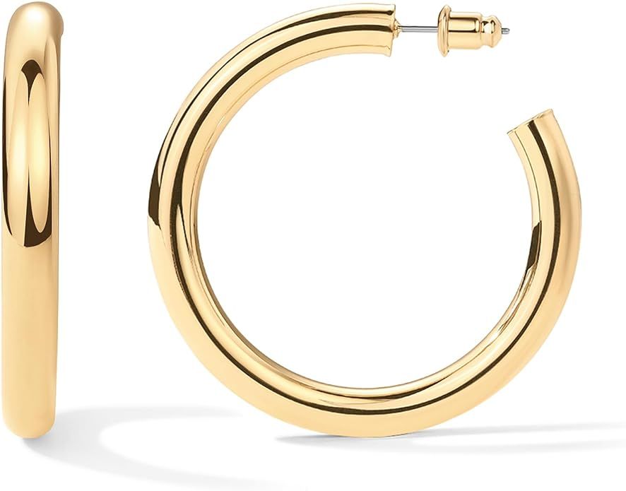 PAVOI 14K Gold Plated Lightweight Chunky Open Hoops | Gold Hoop Earrings for Women | Amazon (US)