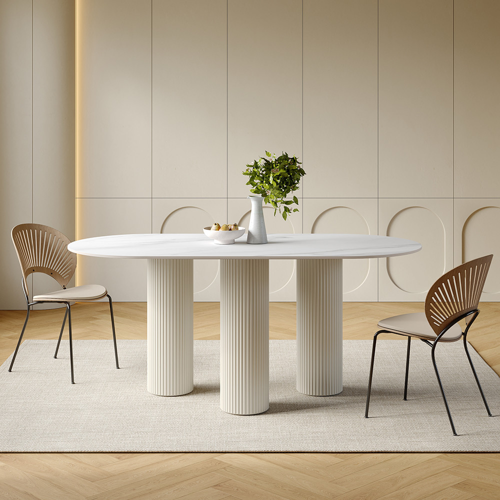63"" Modern Oval Sintered Stone Top Dining Table 3 Legs in White | Homary