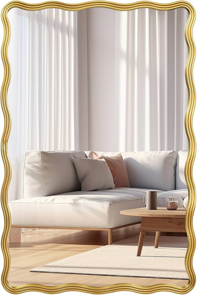 24"x36" Gold Rectangle Wavy Mirror, Irregular Shaped Mirror Large Scalloped Decorative Wall Mirro... | Amazon (US)
