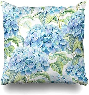 Ahawoso Throw Pillow Cover Square 18x18 Inches Hydrangea Leaf Spring Watercolor Ornament Blue Bot... | Amazon (US)