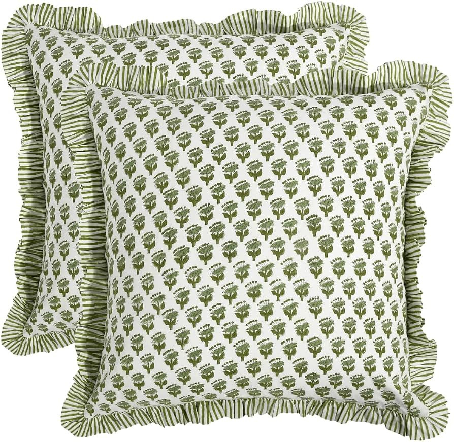CPC Block Print Ruffle Throw Cover Emerald Green 20"x20" Inch Pack of 2-100% Cotton Ruffle Couch ... | Amazon (US)