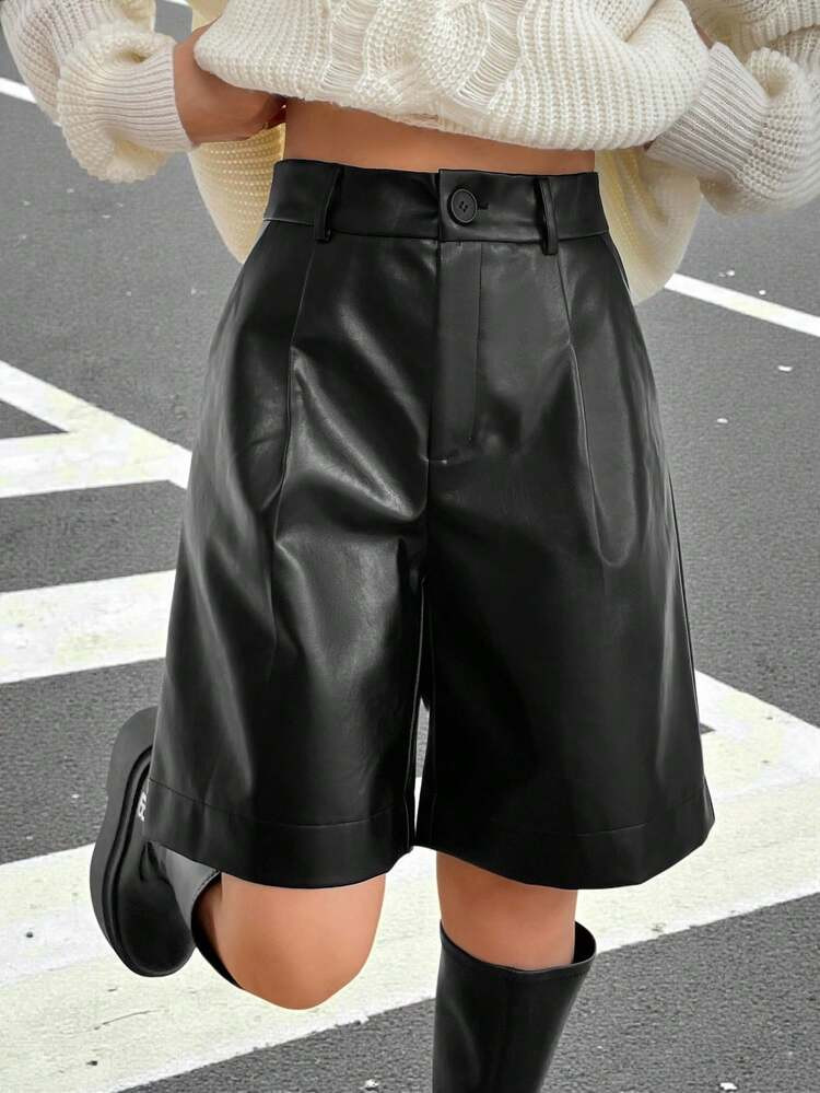 Muchica Women's Solid Color High Waist PU Leather Pleated Loose Bermuda Shorts | SHEIN