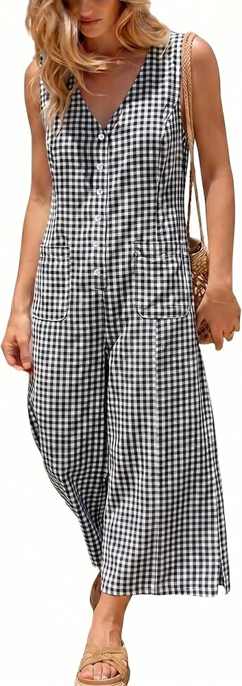 UANEO Women's Button Down Gingham Plaid Jumpsuit Casual Daily Sleeveless Wide Leg Romper Relaxed ... | Amazon (US)