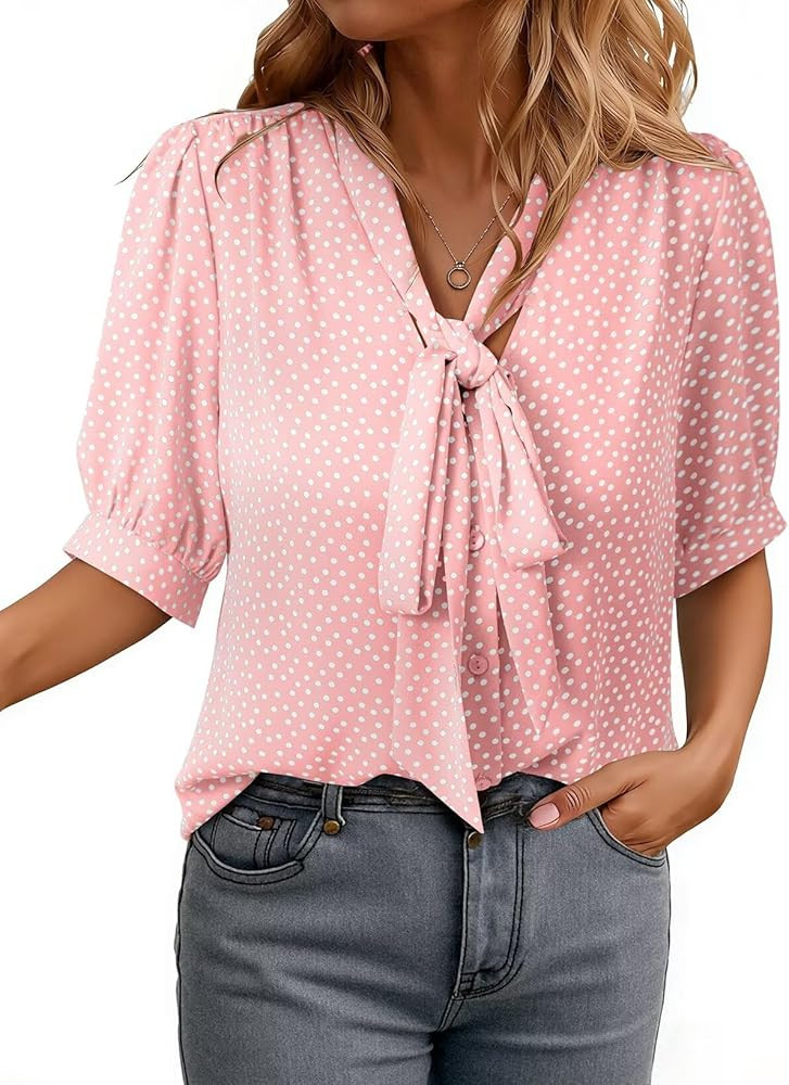 Dokotoo Blouses for Women Dressy Casual Short Sleeve Shirts Bow Tie Neck Work Tops Business Casua... | Amazon (US)