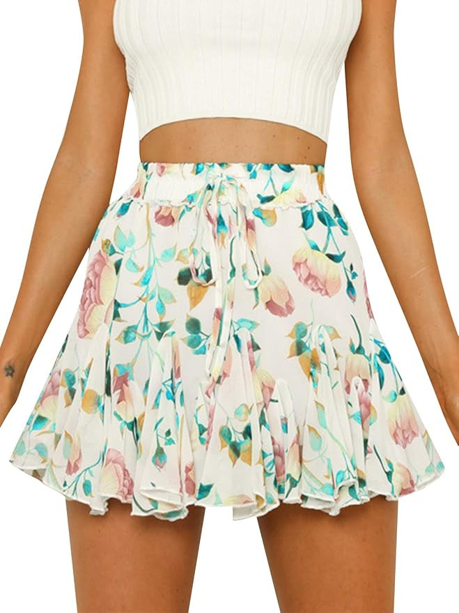 Season 4 Women's Dot Floral Print Ruffle Mini Skirt High Waist A line Skirts with Tassels | Amazon (US)