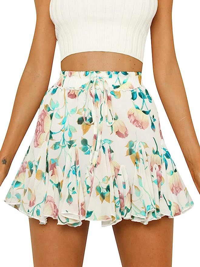 Season 4 Women's Dot Floral Print Ruffle Mini Skirt High Waist A line Skirts with Tassels | Amazon (US)