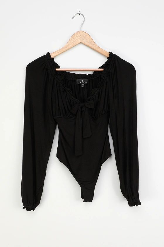 After Your Heart Black Long Sleeve Ruffled Bodysuit | Lulus (US)