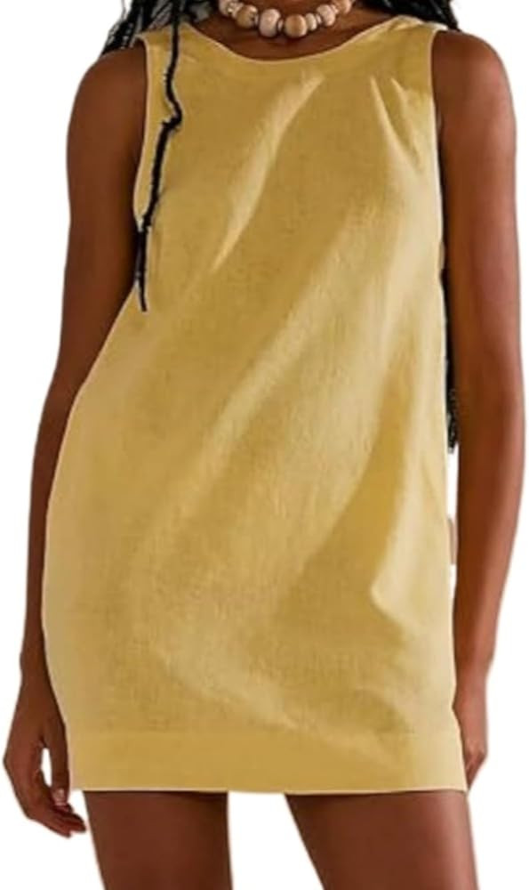 Y2k Sleeveless Open Back Mini Dress Summer Vacation Cute Backless Linen Dress Casual Maternity Ve... | Amazon (US)