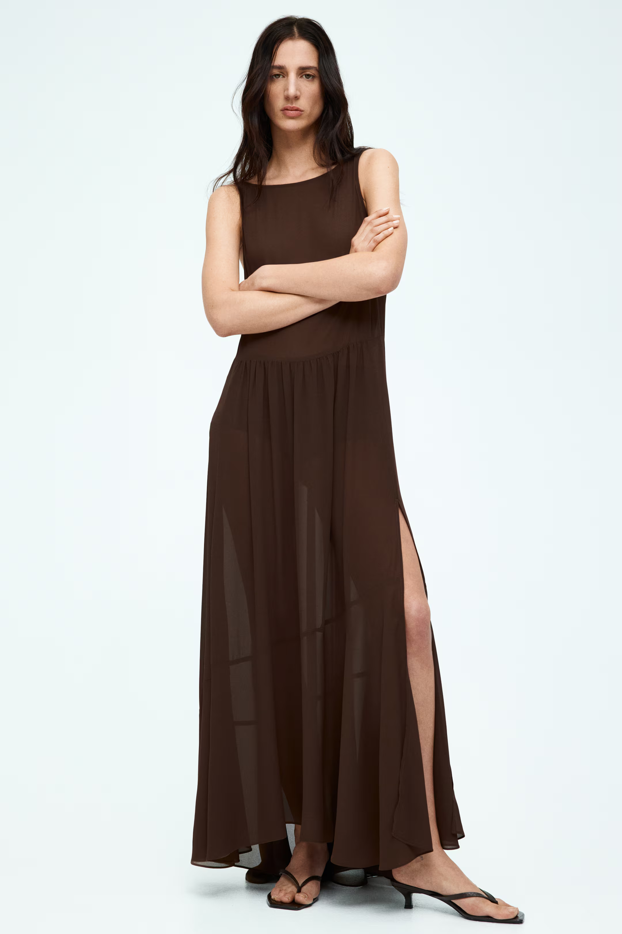 Long Chiffon Dress - Dark brown - Ladies | H&M US | H&M (US + CA)
