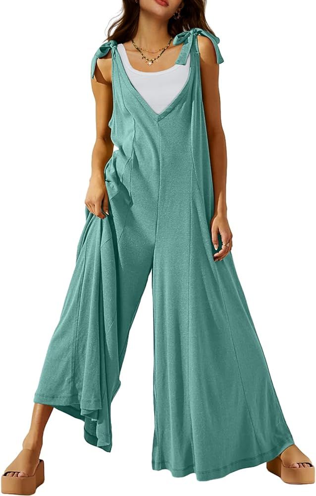DEEP SELF Women's Summer Causal Jumpsuits Sleeveless Wide Leg Long Rompers V Neck Tie Strap Loose... | Amazon (US)