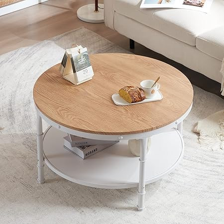 VINGLI 31.5" Natural White Round Farmhouse Coffee Table, 2-Tier Storage Wood Center Circle Accent... | Amazon (US)