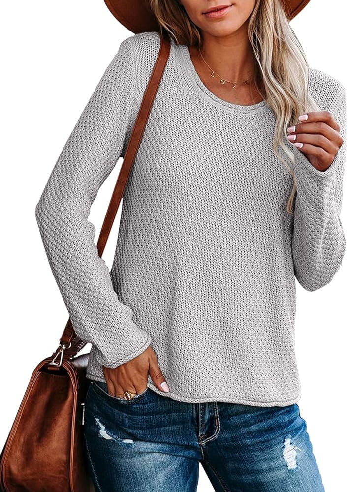 Ebifin Women's Crew Neck Pullover Sweater Solid Color Casual Warm Lightweight Knit Sweaters | Amazon (US)