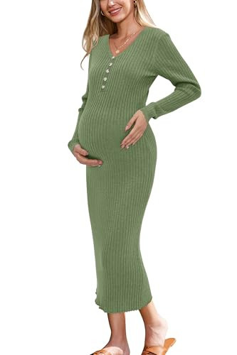 OUGES Women's 2025 Winter Wool Blend Maternity Sweater Midi Dress for Photoshoot Trendy Slim Fit Outfits Fall Bodycon V Neck Long Sleeve Ribbed Knit Pregnancy Must Have Clothes(Army Green,XXL) | Amazon (US)