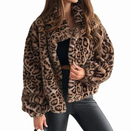 Women S Fashionable Temperament Autumn and Winter Long-Sleeved Lapel Short Fur Leopard Print Coat M | Walmart (US)