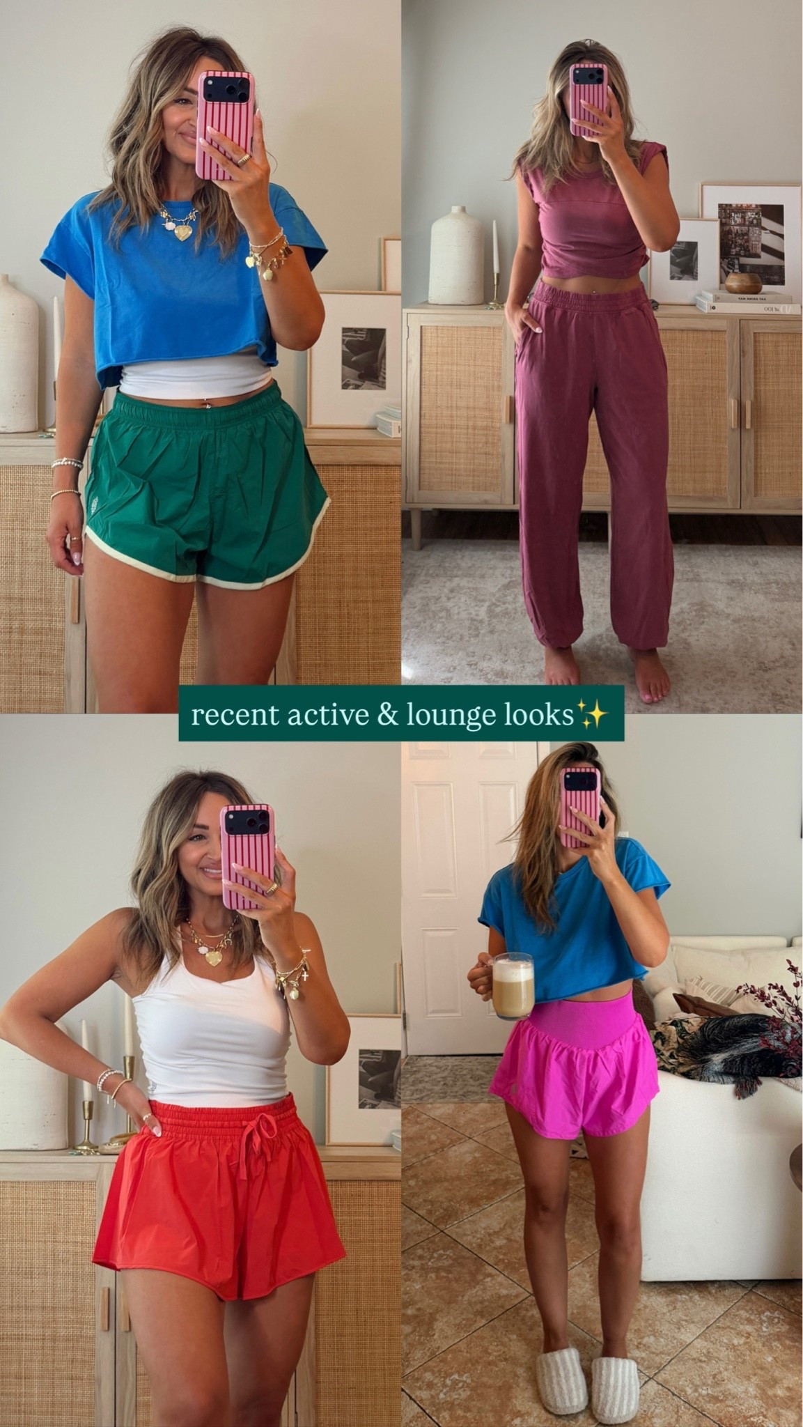 recent active + lounge looks ✨ love this cropped tee— comes in a few colors. i’m in a size M. size M/L sports bra (size down, should have done a XS/S) it’s SO stretchy! incredibly soft material! size M red shorts, sized up to a L in the pink style. love the thick band. all of them have built-in shorts. my favorite FP matching set that’s the most flattering + comfy lounge fit. walk ootd, summer outfit, free people, travel outfit @fpmovement @freepeople