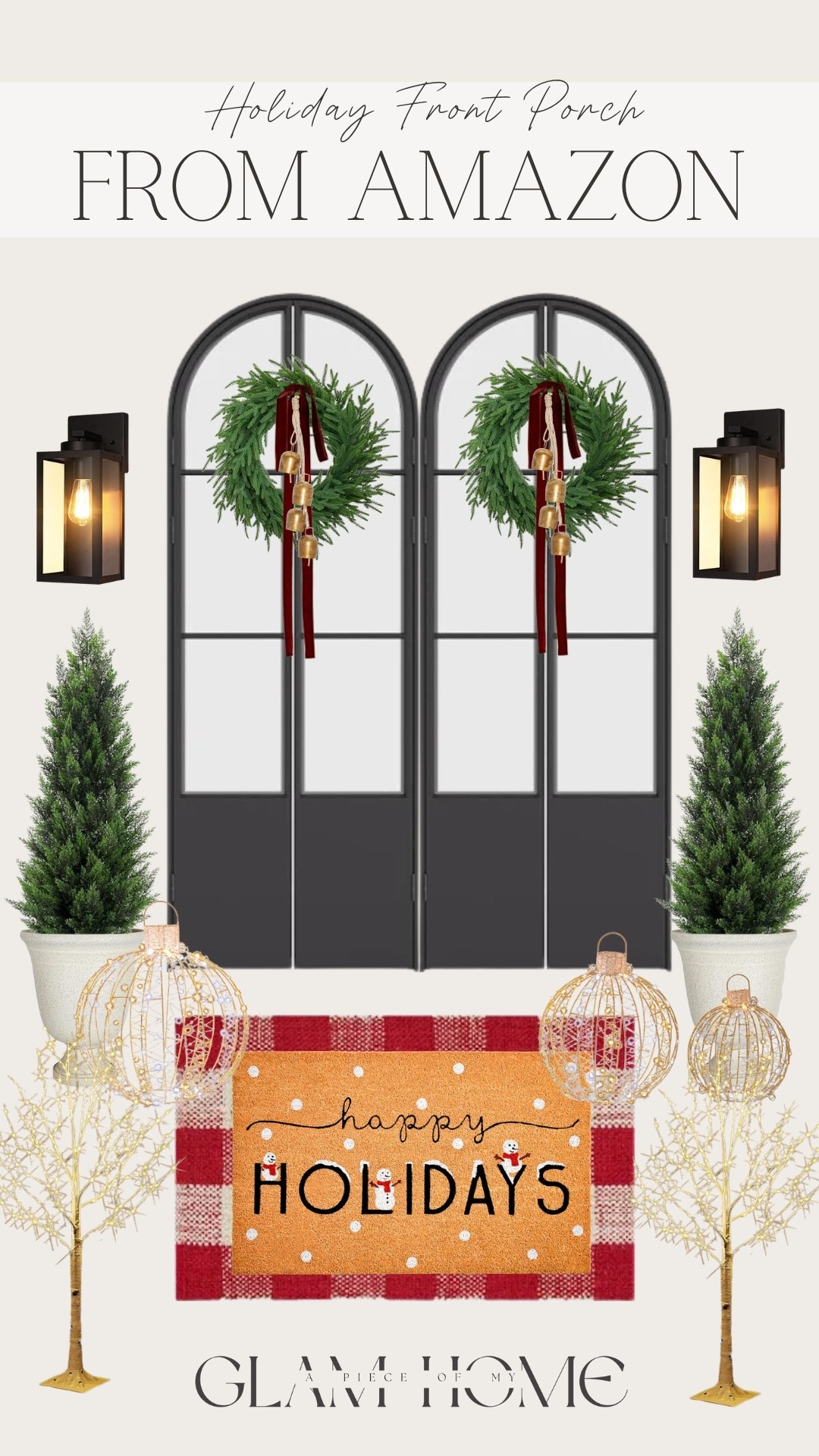 Amazon holiday front porch! 

Christmas decor, outdoor, wreath, sconces, tree, bow, bells, rug, mat, ornaments 

#LTKStyleTip #LTKHome #LTKHoliday