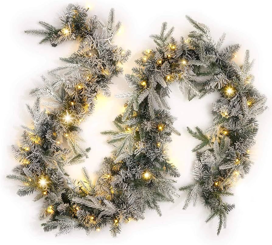 Flocked Christmas Garland with Lights - 9 Ft, Artificial White Pine Garland with 100 Warm White L... | Amazon (US)