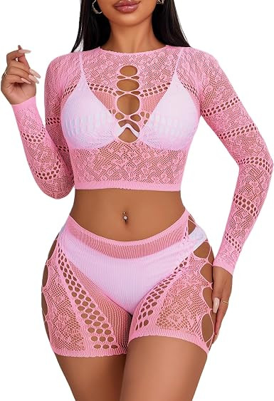 Avidlove Fishnet Lingerie Sets for Women Sexy Two Piece Rave Outfits Mesh Bodysuit Clubwear | Amazon (US)