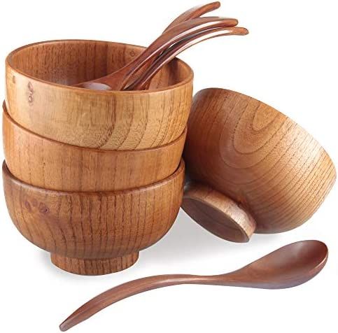 Handmade Wood Bowls, Jujube Wooden Japanese Bowls with Matching Spoon for Rice, Soup, Dip, Salad,... | Amazon (US)