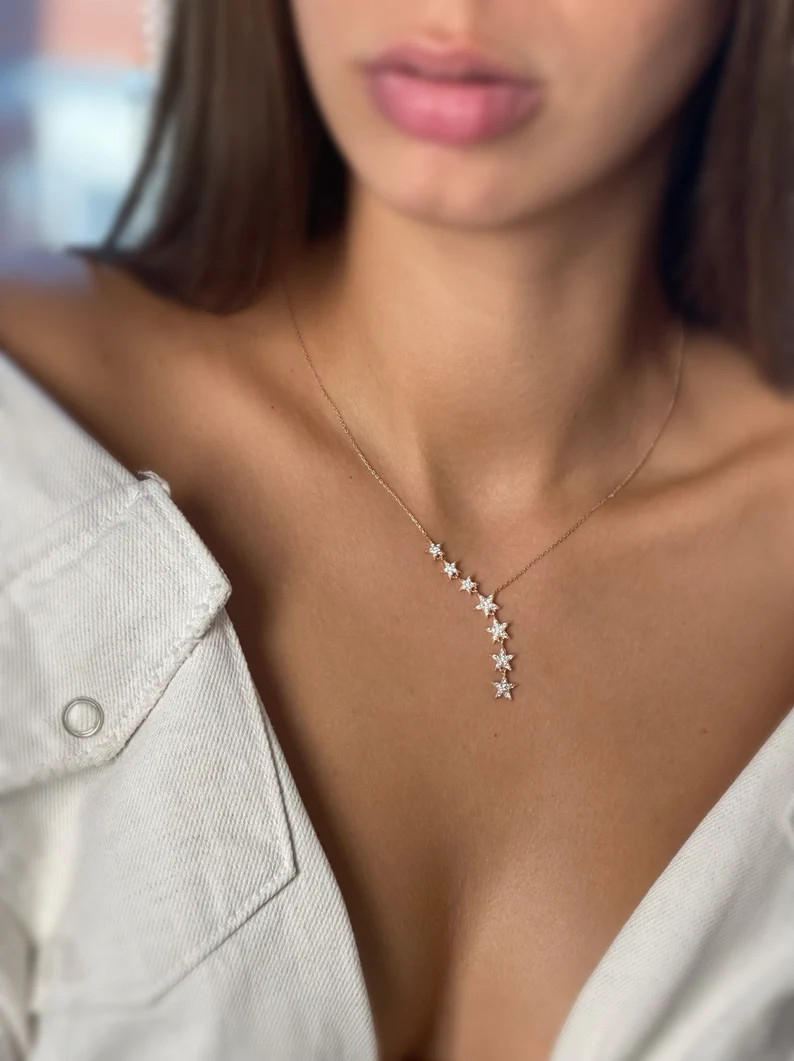Star Lariat Necklace - Asymmetric Y Shape Drop Star Pendant - Zircon Gemstones - Silver / Gold / ... | Etsy (Global)