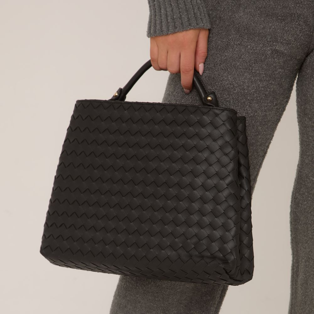 Carla Woven Detail Shaped Grab Bag In Black Faux Leather | EGO (UK)