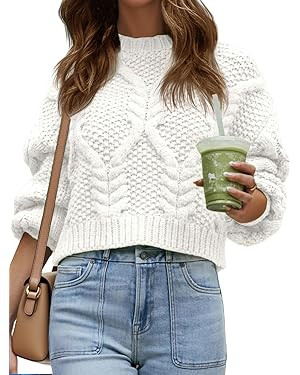 Saodimallsu Womens Cable Knit Cropped Sweater Fall Chunky Puff Long Sleeve Crewneck Loose Casual ... | Amazon (US)