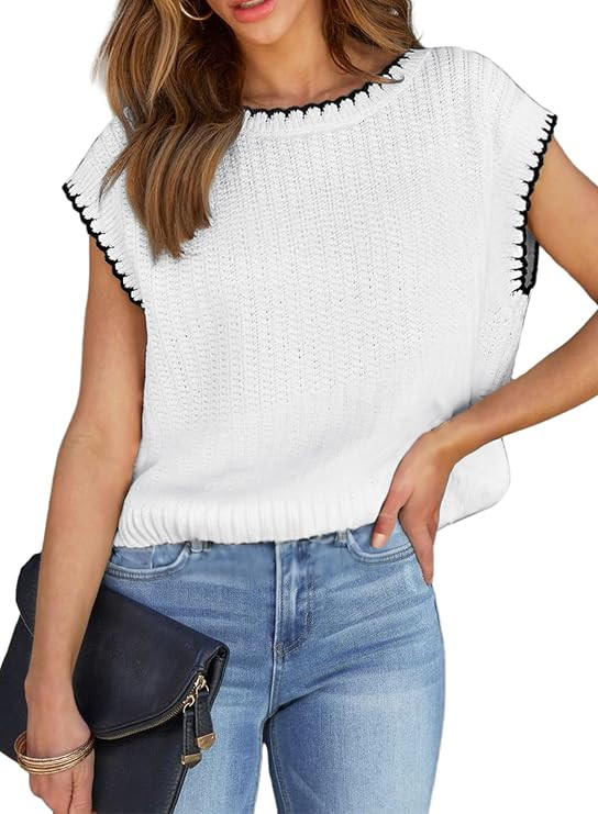 EVALESS Womens Cap Sleeve Sweater Vest Crewneck Short Sleeve Sweaters 2025 Spring Summer Trendy C... | Amazon (US)